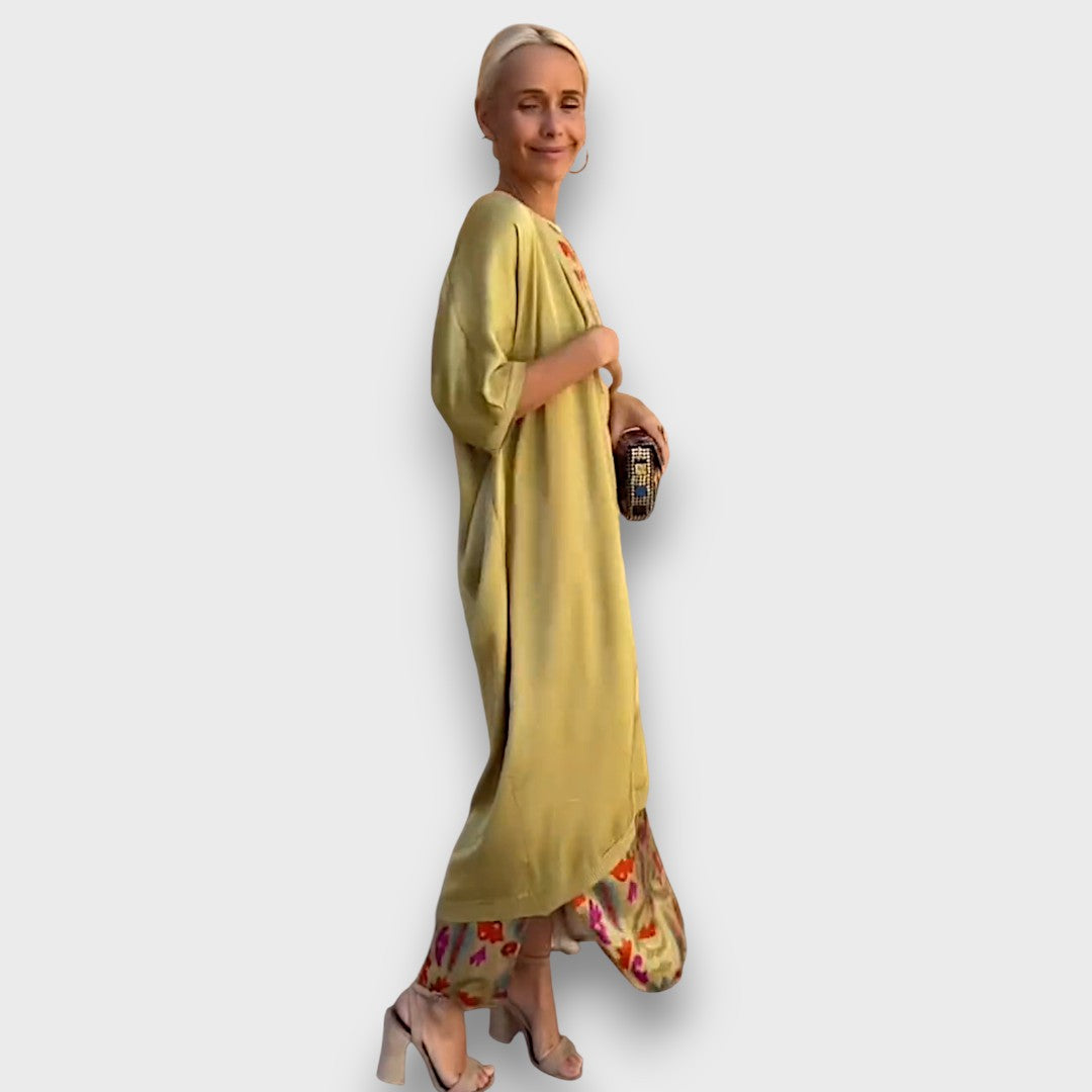 Long Dress with Floral Pattern & Airy Cardigan